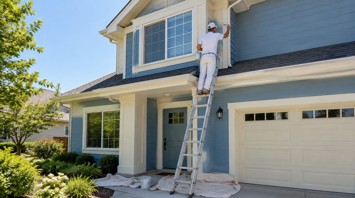 Illustrative exterior painter on ladder imagery (AI-generated filler, not a Busy Bee job photo)